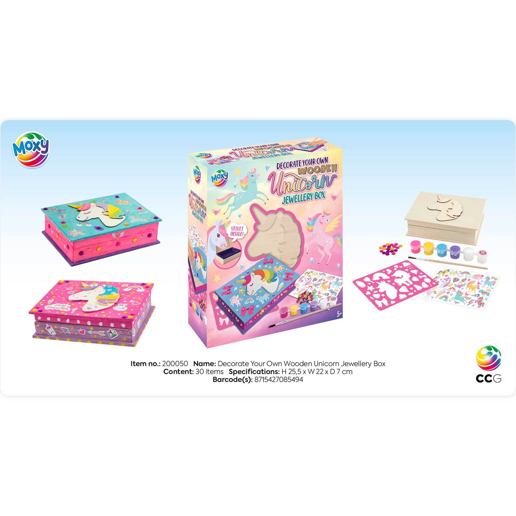 Moxy Кутия за бижута Еднорог, дървена, със стикери и 6 бои - Image 5