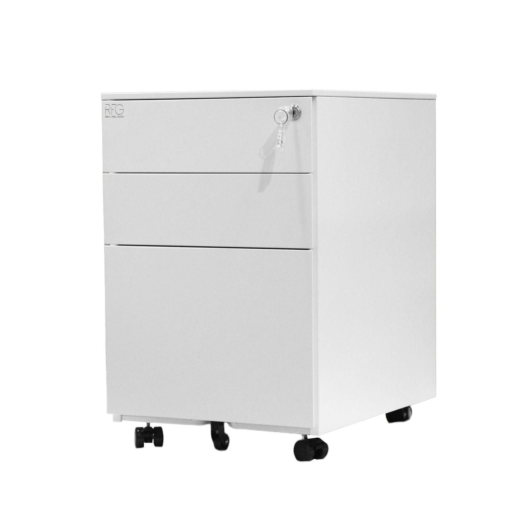 Контейнер RFG, метален, с три чекмеджета и ключ, 390 х 520 х 600 mm, бял - Image 6