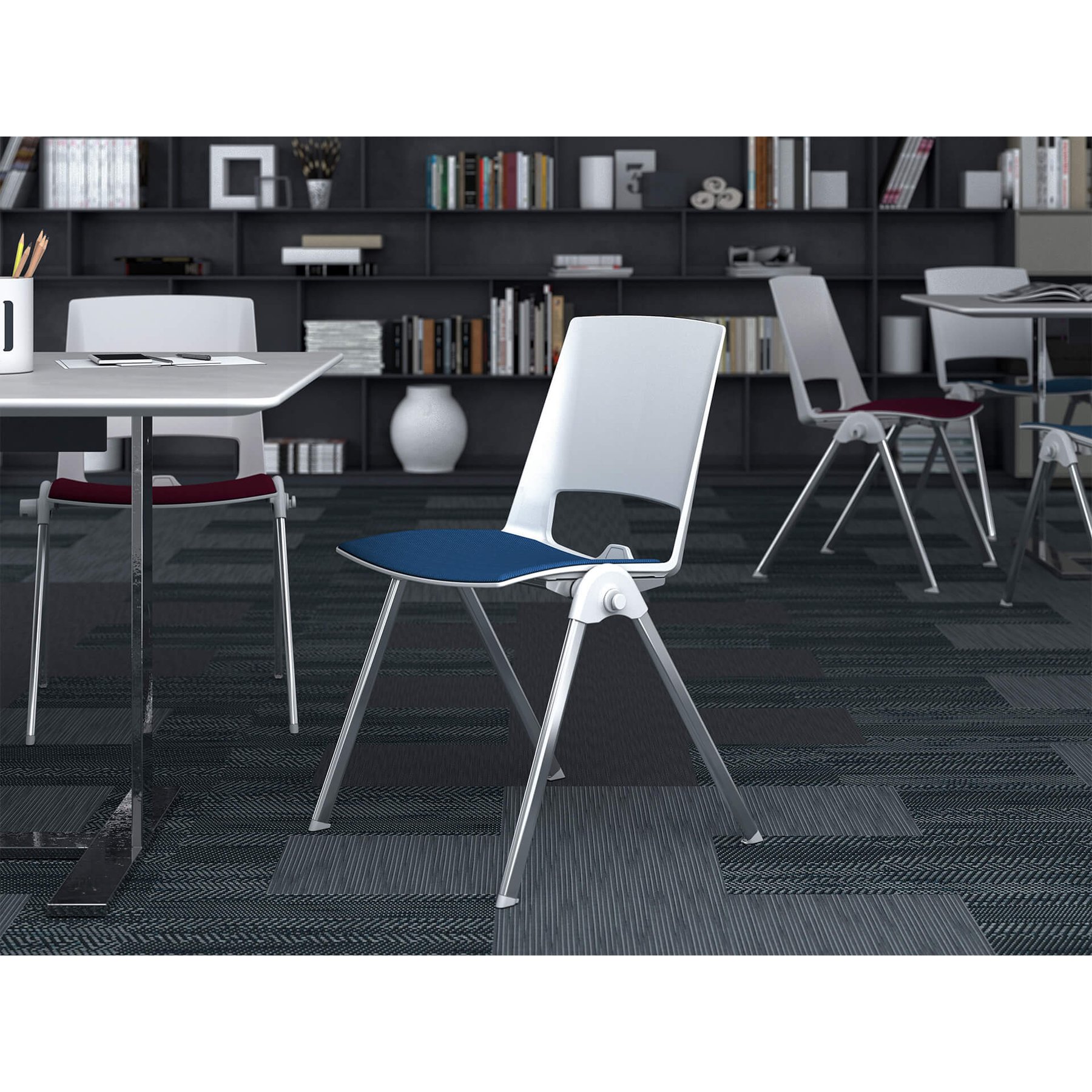 Посетителски стол RFG Sweet Chrome White, дамаска и полипропилен, до 120 kg, син, 4 броя в комплект - Image 6